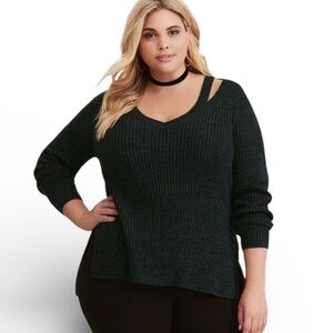 Torrid Green Split Shoulder V Neck Ribbed Sweater